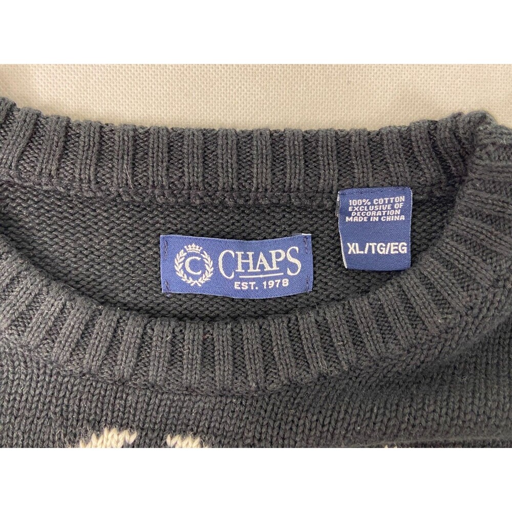 CHAPS RL Fair Isle Black Bear Sweater Mens XL 100% Cotton Knit Crewneck Pullover - Picture 7 of 9